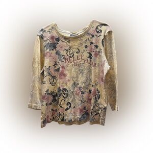 Nicole Miller Beige and Pink Floral Long Sleeve Top